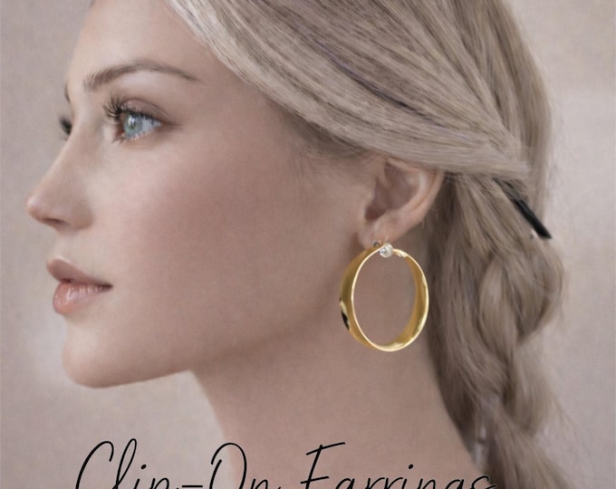 Clip On Hoop Earrings – 18K Gold Plated Sterling Silver Wide Concave Tube Hoops – Non-Pierced - 1.85" - 4.7cm