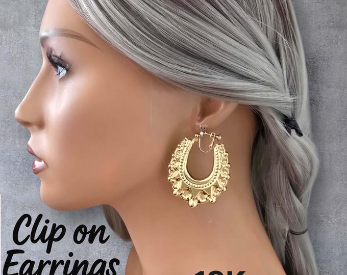 Clip On Creole Hoop Earrings | Bold Tribal-Inspired Gold Hoop Earrings | Statement Boho Hoops | Ethnic Festival Lightweight Gypsy Earrings