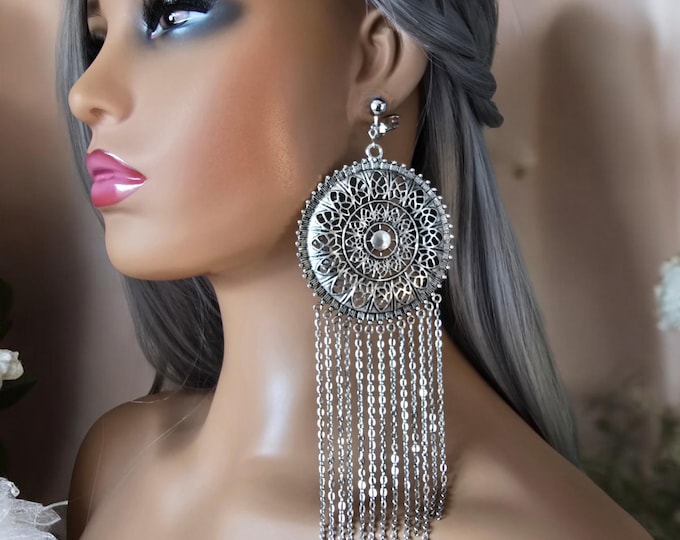 1 pair of antique, vintage silver tone CLIP ON earrings, super long tribal design waterfall chain shoulder duster earrings - Length options