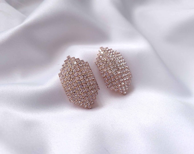 Clip on crystal - diamante earrings - Rose gold rhinestone clip on stud cluster earrings - 1.2" x 0.7" Statement earrings - prom bridal