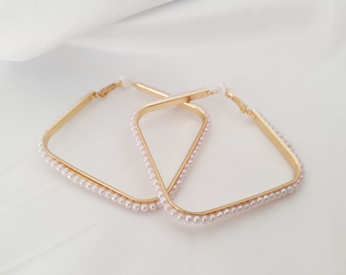 Clip on hoop earrings - 2.5" gold tone & faux pearl bead square clip on hoop earrings for non pierced ear's