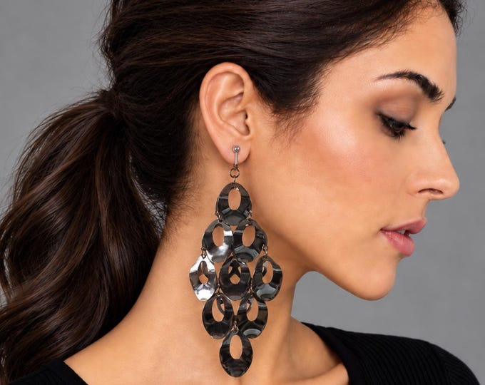 Dramatic Gunmetal Chandelier Clip On Earrings, Extra Large Statement Oversized Metallic Earrings  5" - 12.5cm