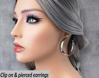 CLIP ON hoop earrings,  2" silver tone plain wide flat tube hoop earrings, clip on or pierced option - ear clips, chunky wide hoop earrings