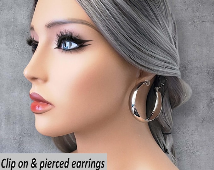 CLIP ON hoop earrings,  2" silver tone plain wide flat tube hoop earrings, clip on or pierced option - ear clips, chunky wide hoop earrings