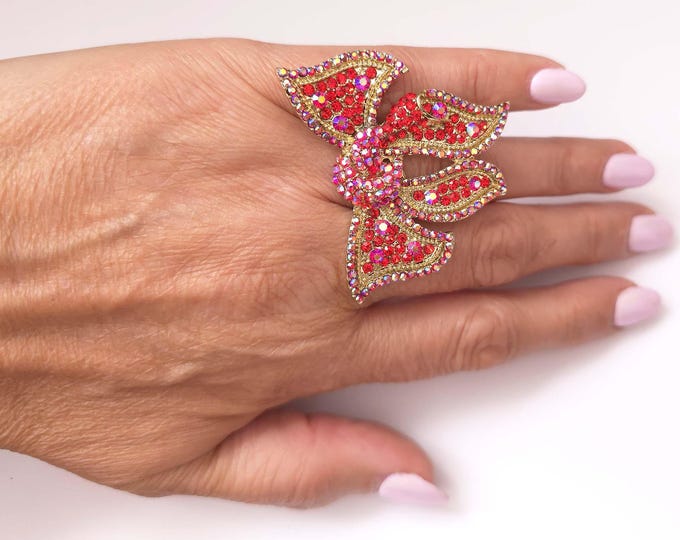 Large Adjustable Bow Design Gold Tone Red Rhinestone Ring – Sparkling Cocktail & Party Statement Fashion Jewelry