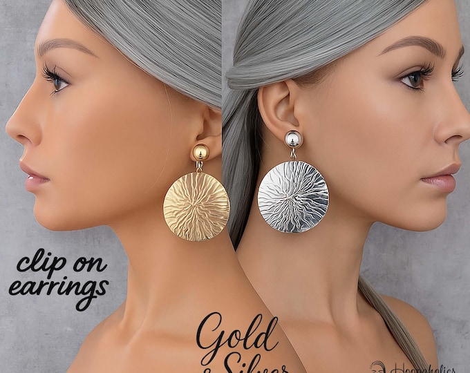 Bold Textured Clip On Disc Drop Earrings – Statement Gold or Silver Tone Drop Earrings, Lightweight Modern Jewelry for Non Pierced Ears