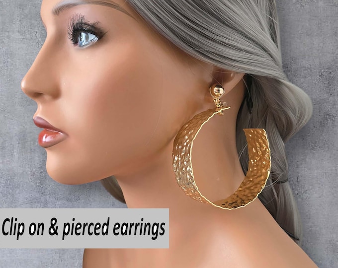 CLIP ON hoop earrings, BIG Bold Gold-Tone Extra Wide C shape Hoop Earrings Non Pierced - Textured Flat Tubes – Statement Round Metal Design