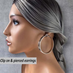 CLIP ON hoop earrings - 2.25&quot; silver tone wide flat tube hoop earrings for non pierced ears, ear clips, large silver clip on hoop earrings