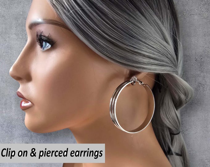 CLIP ON hoop earrings - 2.25" silver tone wide flat tube hoop earrings for non pierced ears, ear clips, large silver clip on hoop earrings