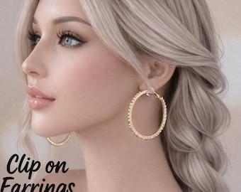 Sparkly Clip On Rhinestone Hoop Earrings –  2.2” Non Pierced Hoops - Colour Options