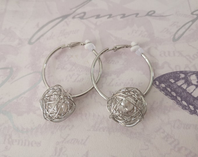 Beautiful small silver metal hoop earrings with wire wrapped faux pearl bead detail - CLIP ON or pierced options - Bridal earrings