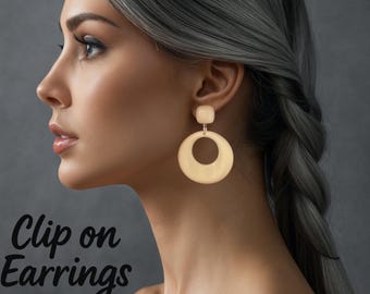 Cream Clip On Resin Statement  Earrings | Large Retro Hoop Drop Earrings