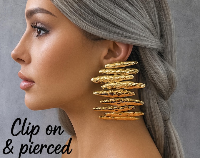 Clip On Earrings - Giant Hammered Gold tone Statement Earrings – Bold Abstract Curved Bar Design - Big Earrings for Non Pierced Ears
