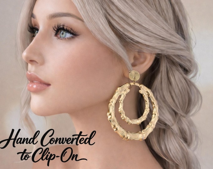 Clip on hoop earrings, 1 pair gold tone bamboo design clip on hoop drop earrings, 3.75" big fashion statement earrings for non pierced ears