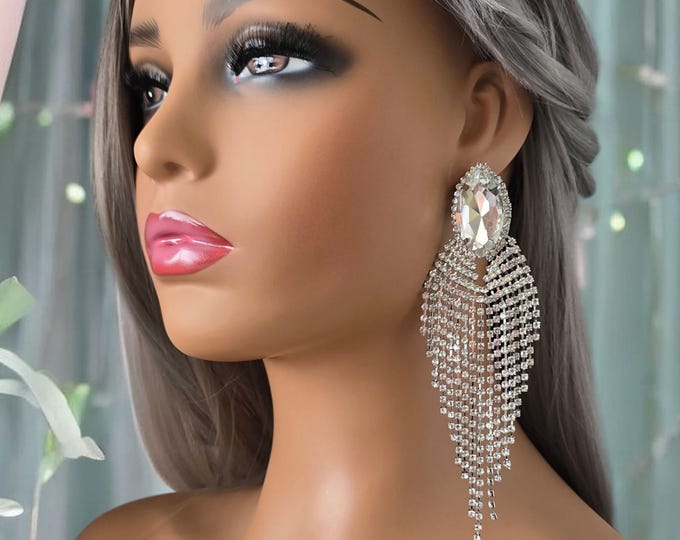 1 pair of 5.5" long silver tone CLIP ON drop earrings, clear diamante, rhinestone, waterfall - fringe tassel drop earrings, non pierced ears