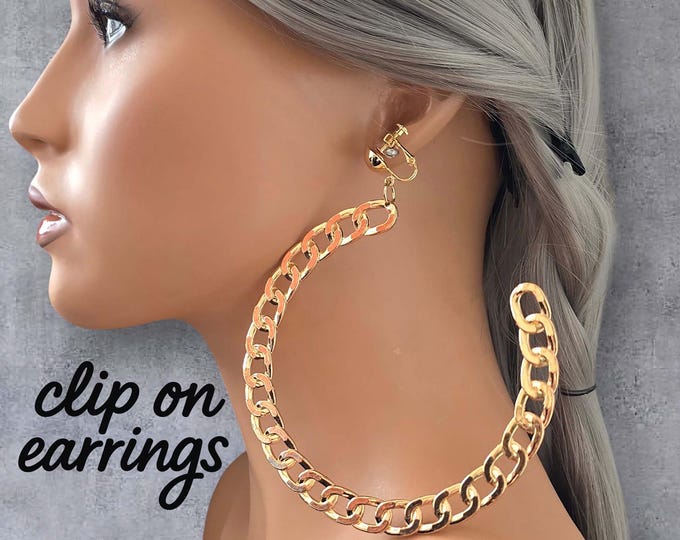 Bold Gold Tone Chain Hoop Clip-On Earrings – Statement Chunky C Style Hoops for Non-Pierced Ears | Lightweight Glam Jewelry by Hoopaholics