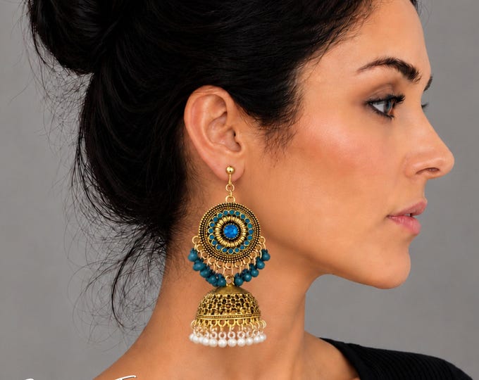 Indian Jhumka Clip On Earrings – Ornate Crystal Boho Statement Drop – Non Pierced Chandbali Dangle Earrings – 3.5" - 9cm
