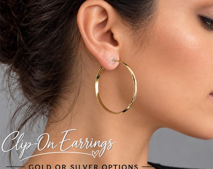Gold or Silver Tone Clip On Hoop Earrings – Wide Polished Hoops for Non Pierced Ears - 2" - 5cm