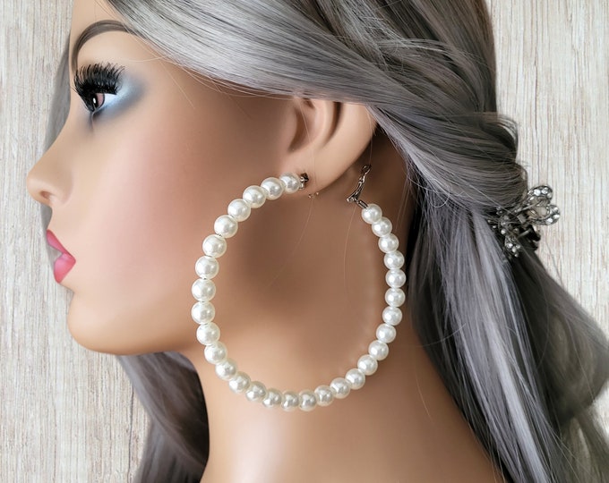 1 pair of large white or ivory faux pearl bead hoop earrings, 3.25" - 3.5" options - For pierced ears only - These are big hoops!