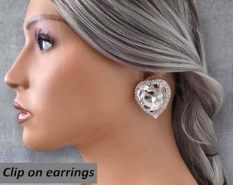 CLIP ON stud earrings, Big chunky  diamante heart shape stud earrings, 1.5" - 4cm long non pierced earrings, statement earrings