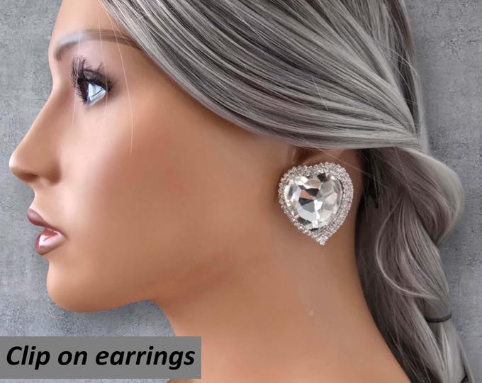 CLIP ON stud earrings, Big chunky  diamante heart shape stud earrings, 1.5" - 4cm long non pierced earrings, statement earrings