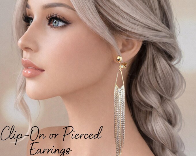 18K Gold Plated Tassel Drop Earrings, Clip-On or Pierced, Statement Dangle Earrings,  5.5" - 14cm