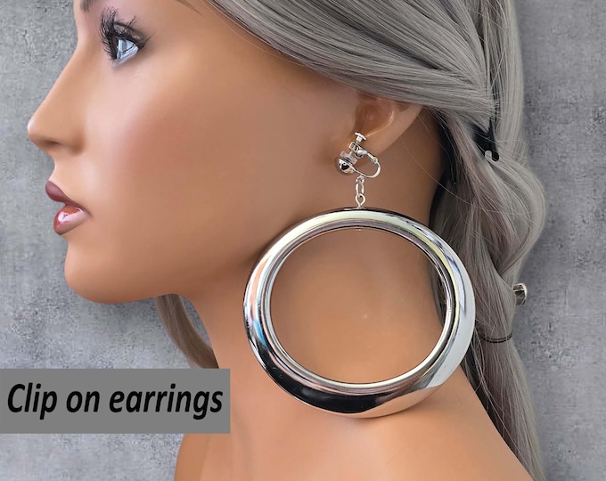 CLIP ON Hoop Earrings, 4.25" Long Giant Oval Shape Silver Acrylic Clip-On Drop Hoop Earrings – Chunky Oversized Hoops for Non-Pierced Ears