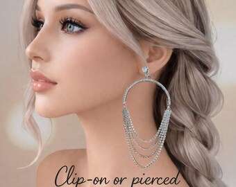 Long Clip On Rhinestone Diamante Drop Earrings - Gold or Silver Tone - Non Pierced - 4.5" - 12cm