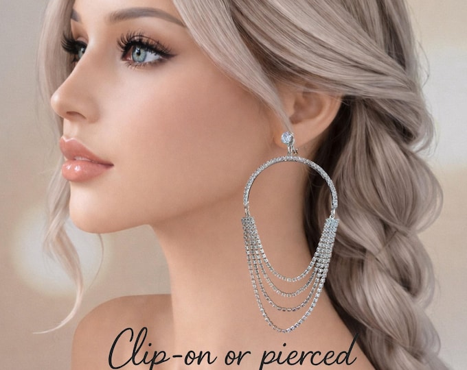 Long Clip On Rhinestone Diamante Drop Earrings - Gold or Silver Tone - Non Pierced - 4.5" - 12cm