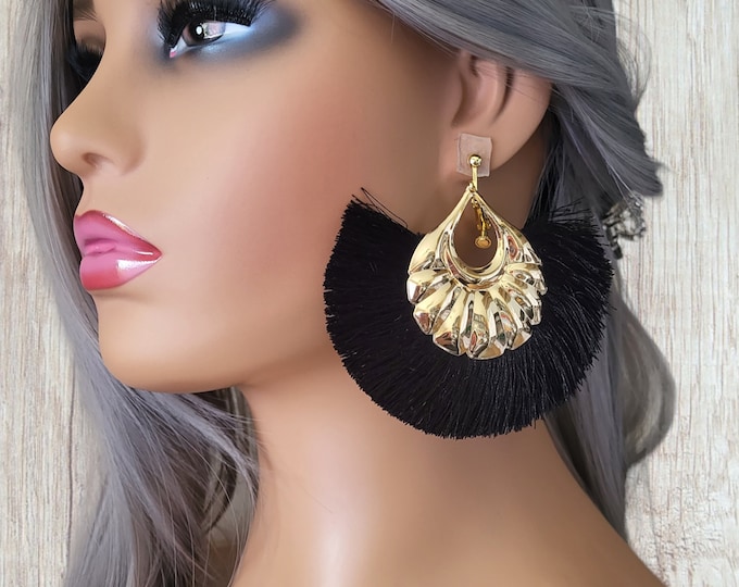 1 pair gold tone & fabric tassel CLIP ON drop earrings - 3.25" long fan design drop earrings - 9 fab colour options - Clip on or pierced