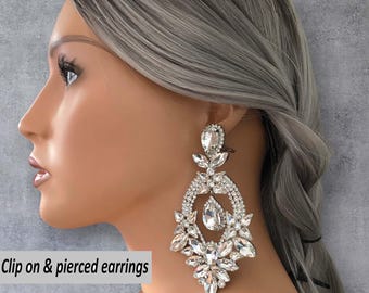 CLIP ON drop earrings, 4.5" long silver tone & diamante - Rhinestone long earrings for non pierced ears, Big chunky crystal drop earrings