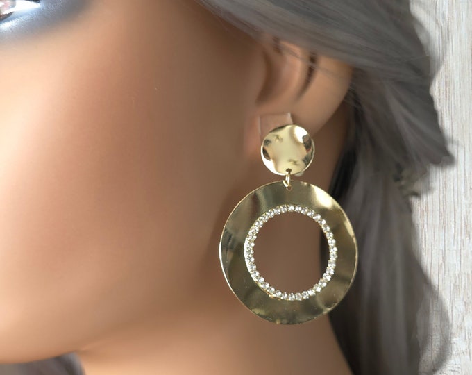 1 pair gold or silver tone CLIP ON hoop drop earrings - 2.25" long gold tone & diamante pendant - hoop drop earrings with diamante detail