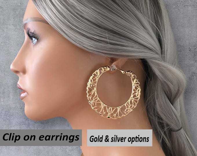 CLIP ON hoop earrings, 2.5" Lightweight Filigree Fashion Hoop Earrings Non Pierced Ears, Gold & Silver options, Clip On Earrings, Ear Clips