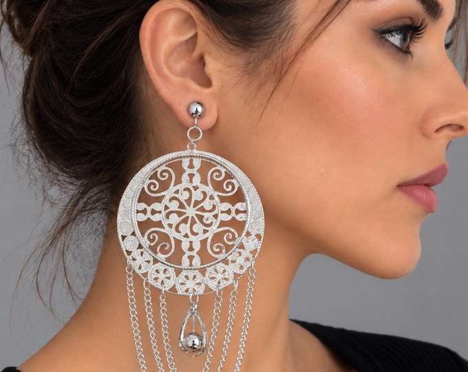 Clip On Statement Silver Tone filigree Chandelier Drop Earrings – Clip On or Pierced  5.5" - 14cm