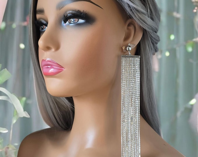 1 pair of 8" long silver tone CLIP ON drop earrings - diamante, rhinestone, waterfall - fringe tassel drop earrings for non pierced ears  **