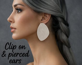 Large Irregular Ivory Enamel Clip On Statement Earrings, Gold Tone Edge, Pierced & Non Pierced