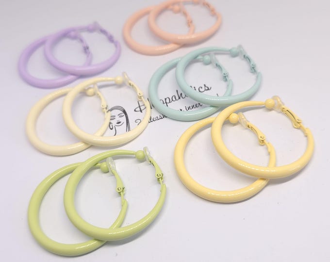 1 pair CLIP ON hoop earrings - 1.5" pastel colored graduated hoop earrings for non pierced ears - 6 color options, non pierced hoop earrings