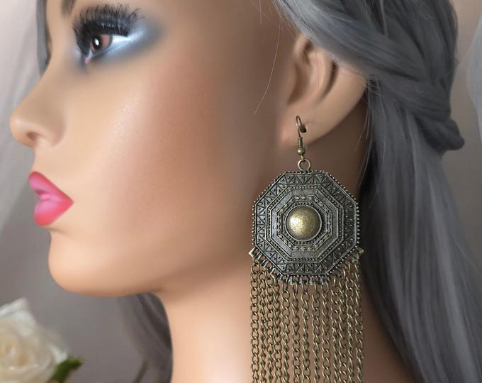 1 pair of antique, vintage bronze CLIP ON earrings, 5" long tribal design waterfall chain shoulder duster earrings Pierced option