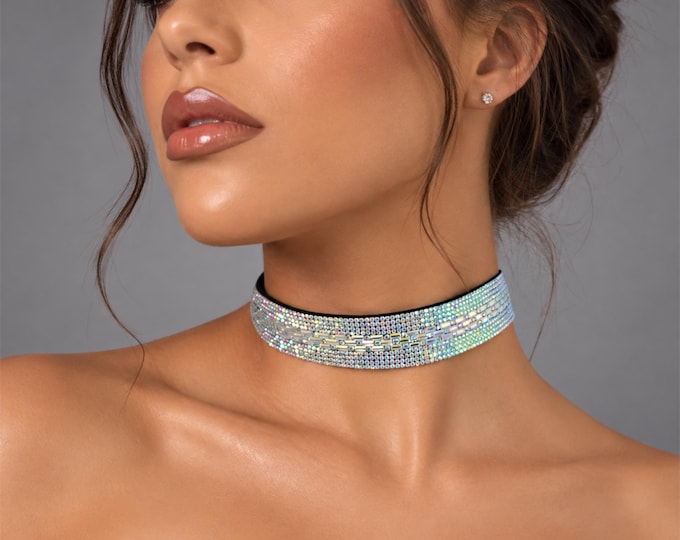 AB Rhinestone Choker Necklace – Black Velvet Band Crystal Choker – Iridescent Crystal Statement Choker