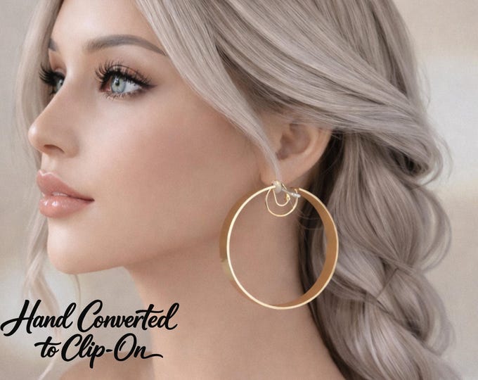 Wide Clip On Hoop Earrings – 18K Gold Plated Stainless Steel – Statement Non Pierced Earrings