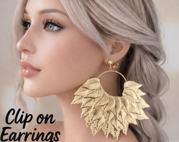 Oversized Gold Tone Leaf Clip On Earrings – Bold Statement Hoop Drop Earrings - 5.1" / 13cm