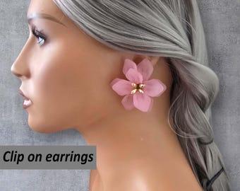 1 pair large acrylic flower design CLIP ON stud earrings - 2.2"  pink frosted acrylic 3D flower statement ear studs - non pierced ears