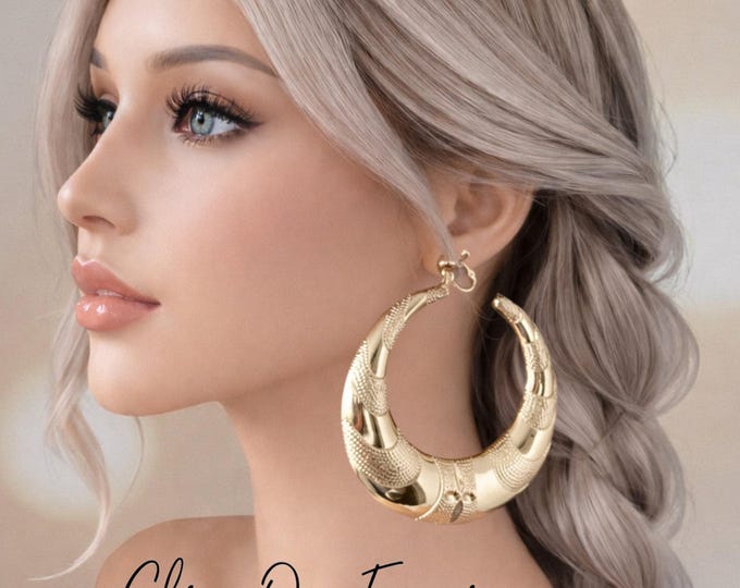 Gold Tone Clip On Hoop Earrings – Large Chunky Puffed Up C Design Non Pierced Earrings - 3.25" - 8.5cm