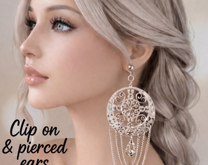 Clip On Filigree Chandelier Earrings – Vintage Silver Tone Boho Dangle Chain Earrings