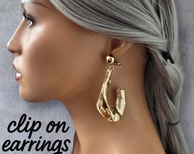 Gold Tone Irregular Statement Clip On Dangle Earrings – Bold Sculptural Chunky Metal Design for Non-Pierced Ears