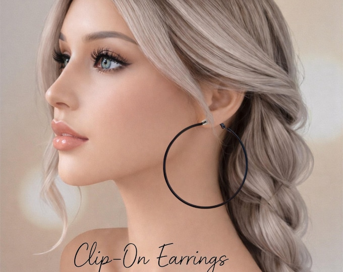 Black Clip-On Hoop  Earrings -  Non-Pierced Ears - 2.75" - 7cm