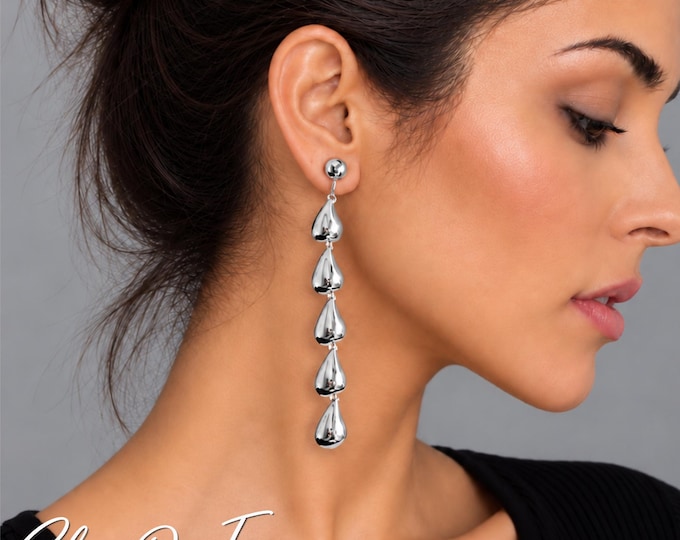 Clip On Silver Tone Teardrop Earrings – Long Statement Drop Earrings – Dangle Earrings – Non Pierced Earrings – 3.75" - 9.5cm