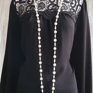 58" long white glass Faux pearl bead & silver long rope chain necklace - Versatile style - several ways to wear - retro - Vintage - flapper