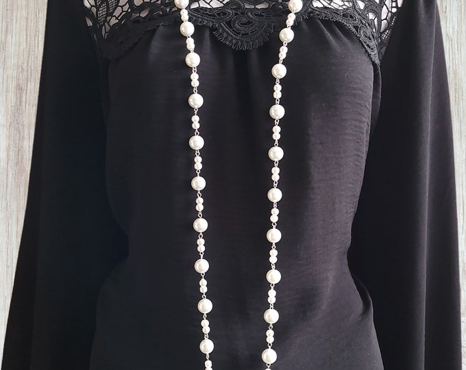 58" long white glass Faux pearl bead & silver long rope chain necklace - Versatile style - several ways to wear - retro - Vintage - flapper
