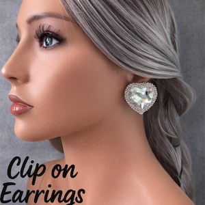 Big Chunky Diamante Heart Clip On Earrings | Sparkly Crystal Statement Studs for Non Pierced Ears | 1.5” (4cm)